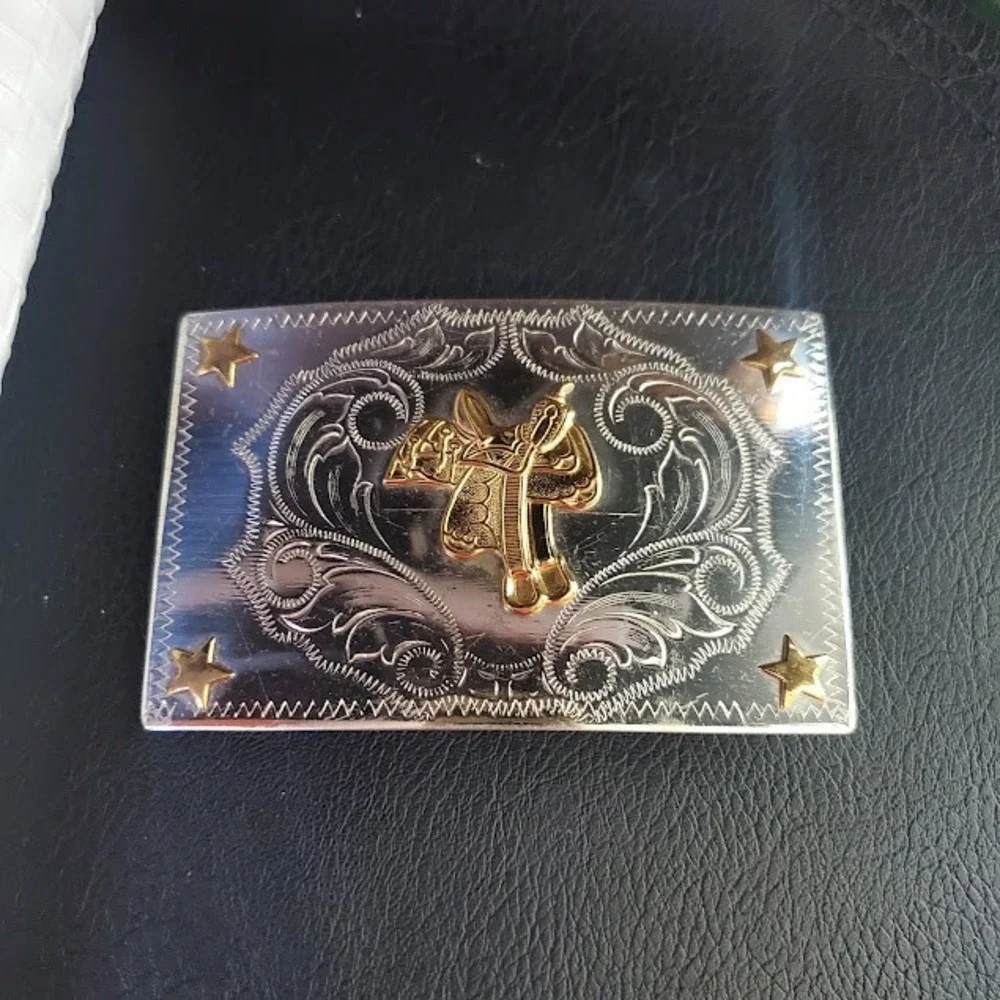 Vintage Nickel Silver Western Belt Buckle Gold Tone Saddle and Stars Engraved